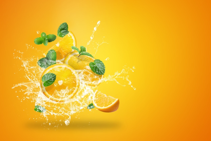 squirt, 5K, splash, water, yellow, oranges, citrus, background