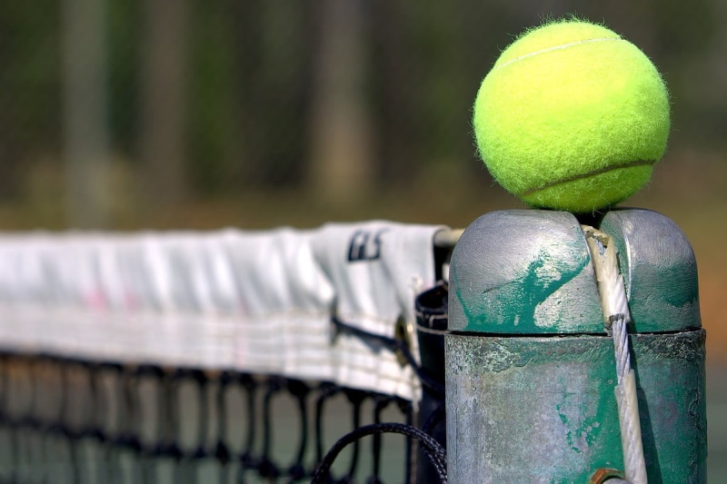 no people, racket, nature, sports, court, balls, tennis, absence, railing, fence, focus on foreground, tennis ball, toy, green, baseball, ball, net - sports equipment
