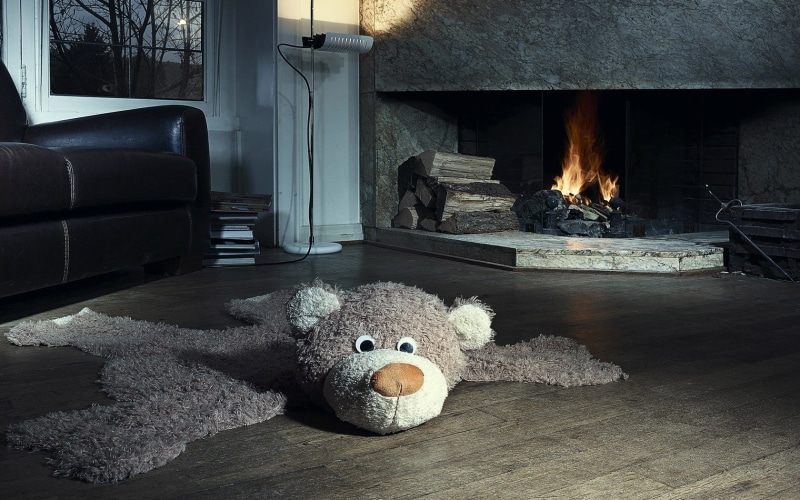 flame, wooden surface, home, beige, toy, bear, fireplace, representation, humor, area, domestic room, rug, teddy bears, fire - natural phenomenon, stuffed toy