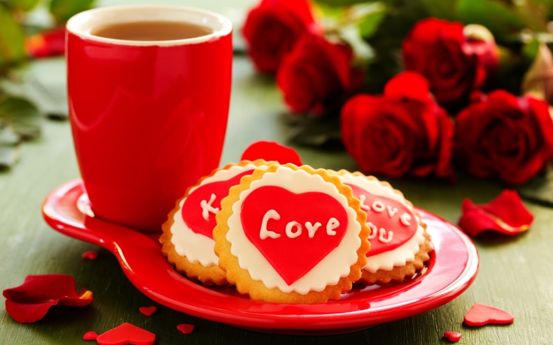 Cup, Love, Tea, Heart, Flowers, Roses, 2K, Cookies