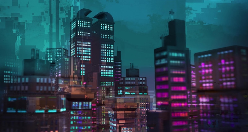 lighting equipment, city life, retrowave, glowing, purple, no people, Retro style, outdoors, skyscraper, pink, tall - high, office, building exterior, financial district