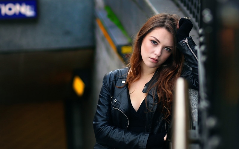 contemplation, beautiful woman, beauty, leather jacket, image of beautiful girl 1920x1200, young women, leather, brown hair, women, looking at camera, 1080P