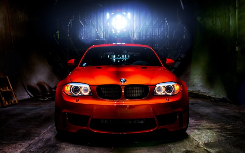 retro styled, lighting equipment, red, vintage car, night, front view, garage, bmw serie 1 , no people, number, red cars, E82, illuminated, motion, 1080P