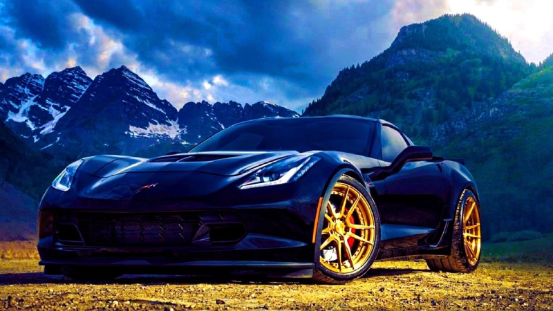 wheel, motor vehicle, mode of transportation, tree, mountain range, mountains, car, corvette, landscape, sky, road trip, outdoors, transportation, 1080P