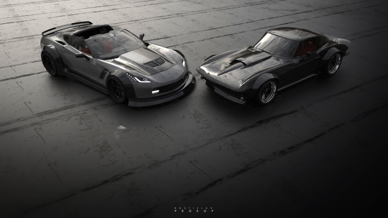 Chevrolet Corvette C2, C7 vs C2, Rostislav Prokop, Corvette, Two, C7 Corvette, Corvette C2, 1080P, Auto, Concept Art, Rendering, by Rostislav Prokop, Retro
