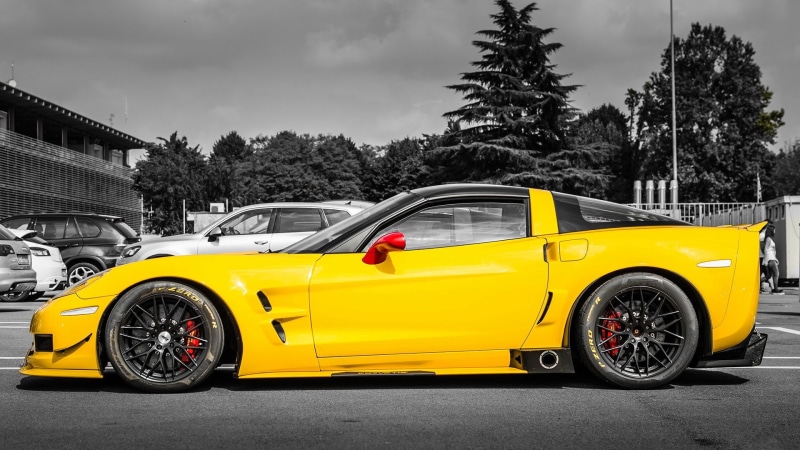 monochrome, 1080P, yellow car, muscle car, sports car, chevrolet corvette zr1 c6, yellow, chevy, chevrolet corvette, chevrolet corvette c6 zr1, black and