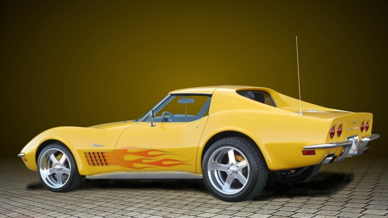 road, vintage car, profile view, yellow, no people, collectors car, car, tire, taxi, 1080P, outdoors, travel, Chevrolet Corvette C3, motor vehicle, street