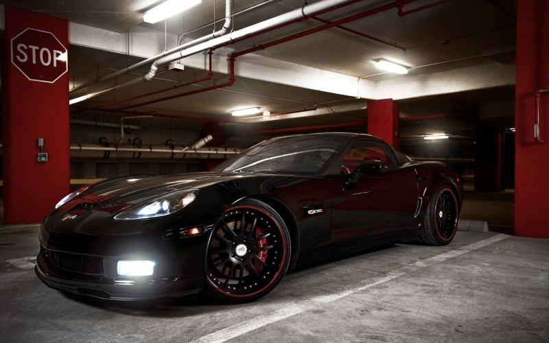 red, stationary, Corvette, Z06, luxury, illuminated, transportation, parking garage, night, 1080P, shiny, Chevrolet, motor vehicle, architecture, car