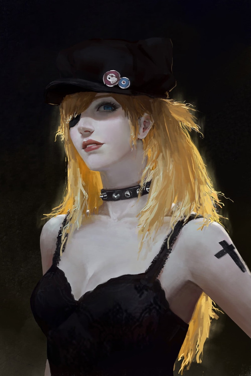 Asuka Langley Soryu, one person, eye patch, fashion, looking at camera, beautiful woman, costume, blond hair, studio shot, hairstyle, adult, anime girls