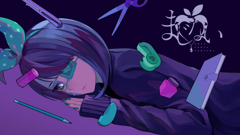 digital art, dark background, lying on front, LAM, original characters, dark hair, eye patch, 2D, headband, ultra-wide, colorful, pencils, women, Band-Aid