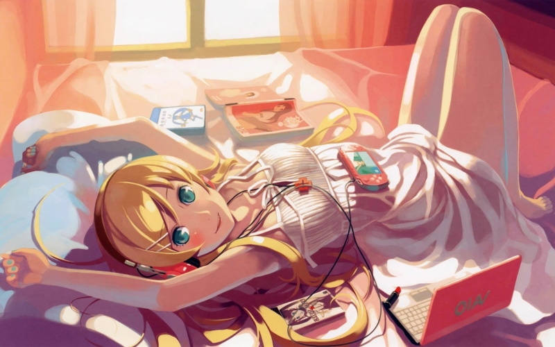 Kousaka Kirino, toy, glasses, sexy anime, day, furniture, anime, bed, Anime Girls, indoors, lying down, sunlight, high angle view, representation, 1080P