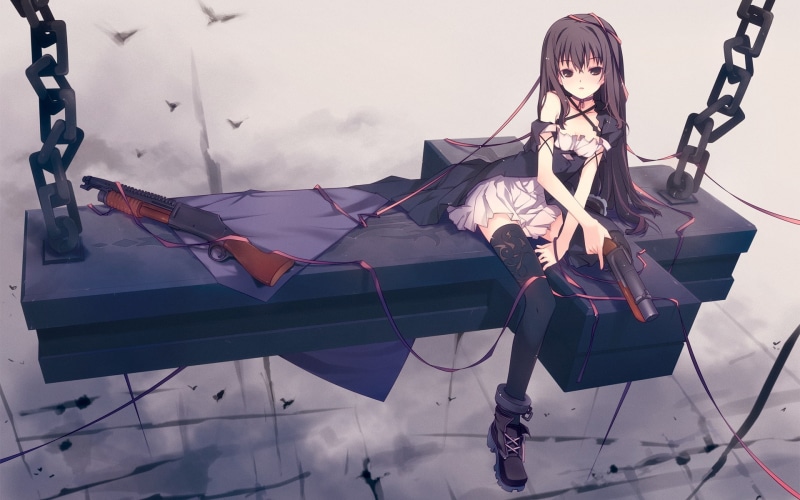 rope, low angle view, transportation, Thigh highs, Unbreakable Machine Doll, hanging, women, one person, outdoors, Anime Girls, fashion, building exterior