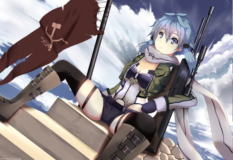 Gun Gale Online, Sword Art Online, outdoors, blue eyes, Blue Hair, nature, human representation, amusement park, lifestyles, Soft Shading, sky, art and craft
