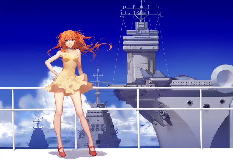 tower, beautiful woman, building exterior, Asuka Langley Soryu, women, 720P, dress, beauty, built structure, nature, sky, architecture, technology, looking at camera