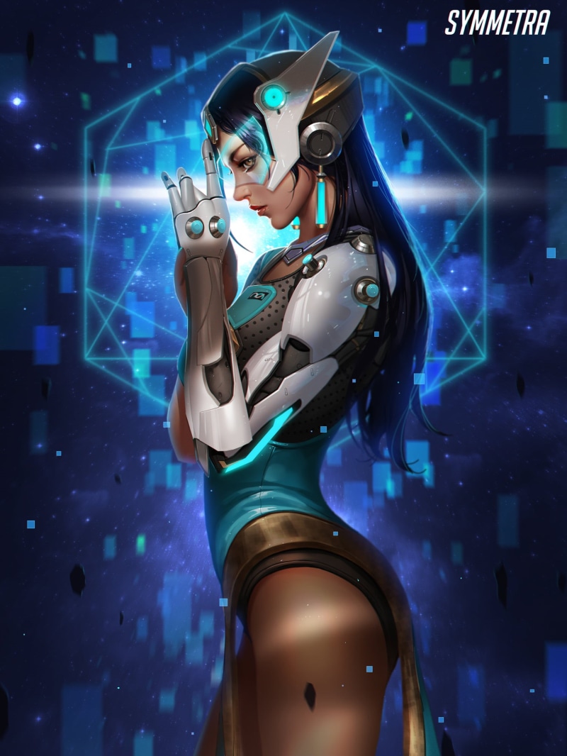 Overwatch, digital art, Symmetra (Overwatch), fan art, profile, costumes, dress, 2D, long hair, women, brown eyes, science fiction, video game characters