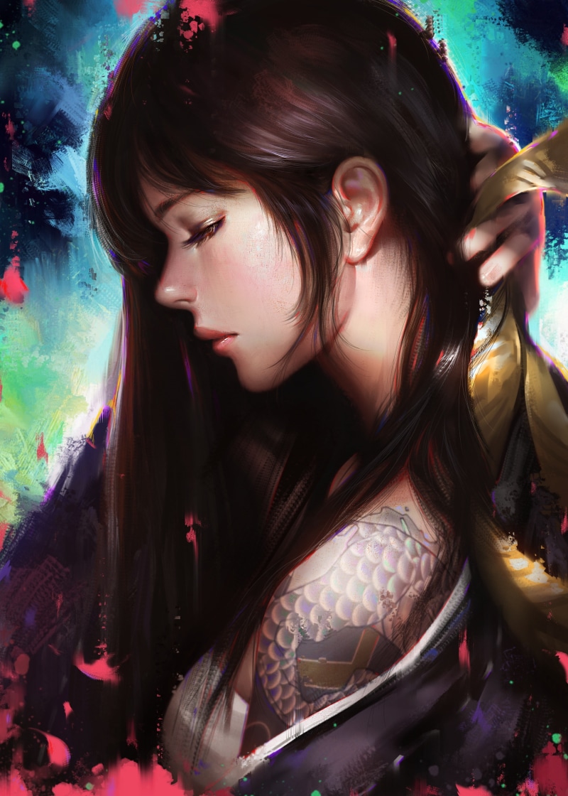 video games, artwork, genderswap, digital art, Liang Xing, Hanzo (Overwatch), long hair, tattoo, women, 2K, brunette, Overwatch