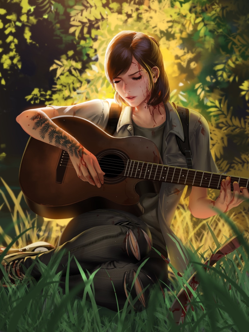 Liang Xing, tattoo, Liang-Xing, guitar, The Last of Us 2, video games, fan art, drawing, video game girls, video game characters, 4K, digital art, Ellie