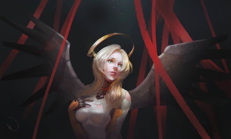 character, looking, lifestyles, portrait, Overwatch, red, one person, 1080P, blond hair, beautiful woman, women, angel, hairstyle, young adult