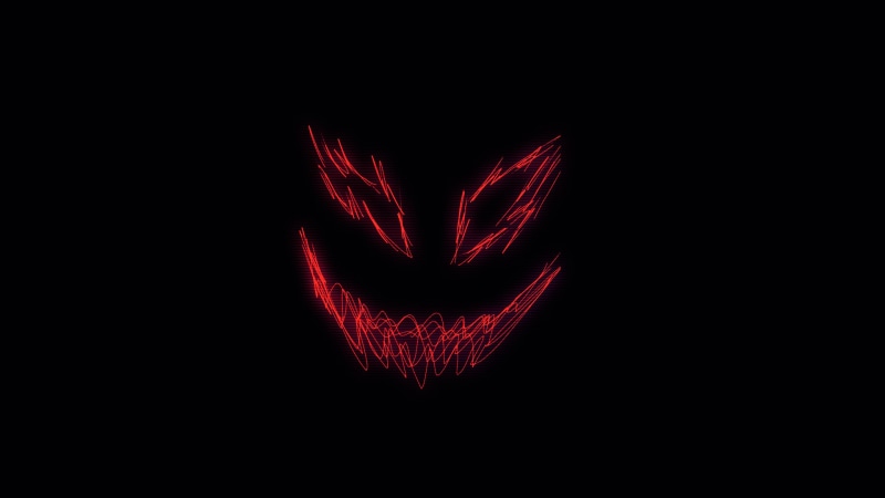 glitch art, 1080P, waveforms, smile, minimalism, large eyes, smiling, pointy teeth, creature, demon, neon, dark, Photoshop