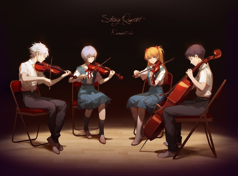 720P, violin, Neon Genesis Evangelion, Ayanami Rei, musical instrument, Asuka Langley Soryu, Ikari Shinji, anime boys, anime girls, sitting, Nagisa Kaworu