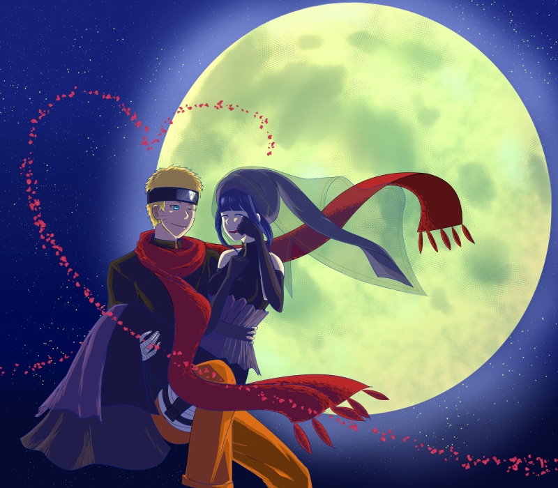 Hinata Hyugo, art, red scarf, 1080P, Naruto The Movie the Last, the moon, naruto, night, Uzumaki Naruto