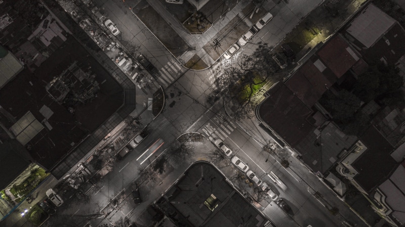 aerial, side, aerial view, city, roof, street, night, crossroad, cityscape, high angle view, last, no people, building, building exterior, mode of transportation