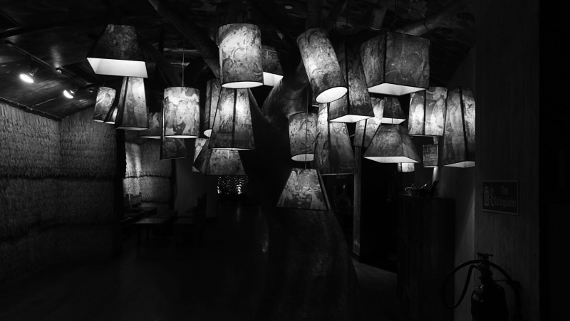 lighting equipment, lights, dark, 4K, auditorium, still life, large group of objects, in a row, night, explore, wall - building feature, wood - material