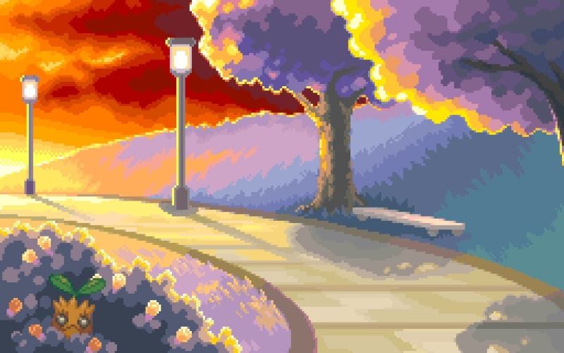 path, art, flowering plant, sunlight, pixels, pixel, architecture, flower, artwork, no people, sky, 1080P, tree, cloud - sky, outdoors, freshness, video games