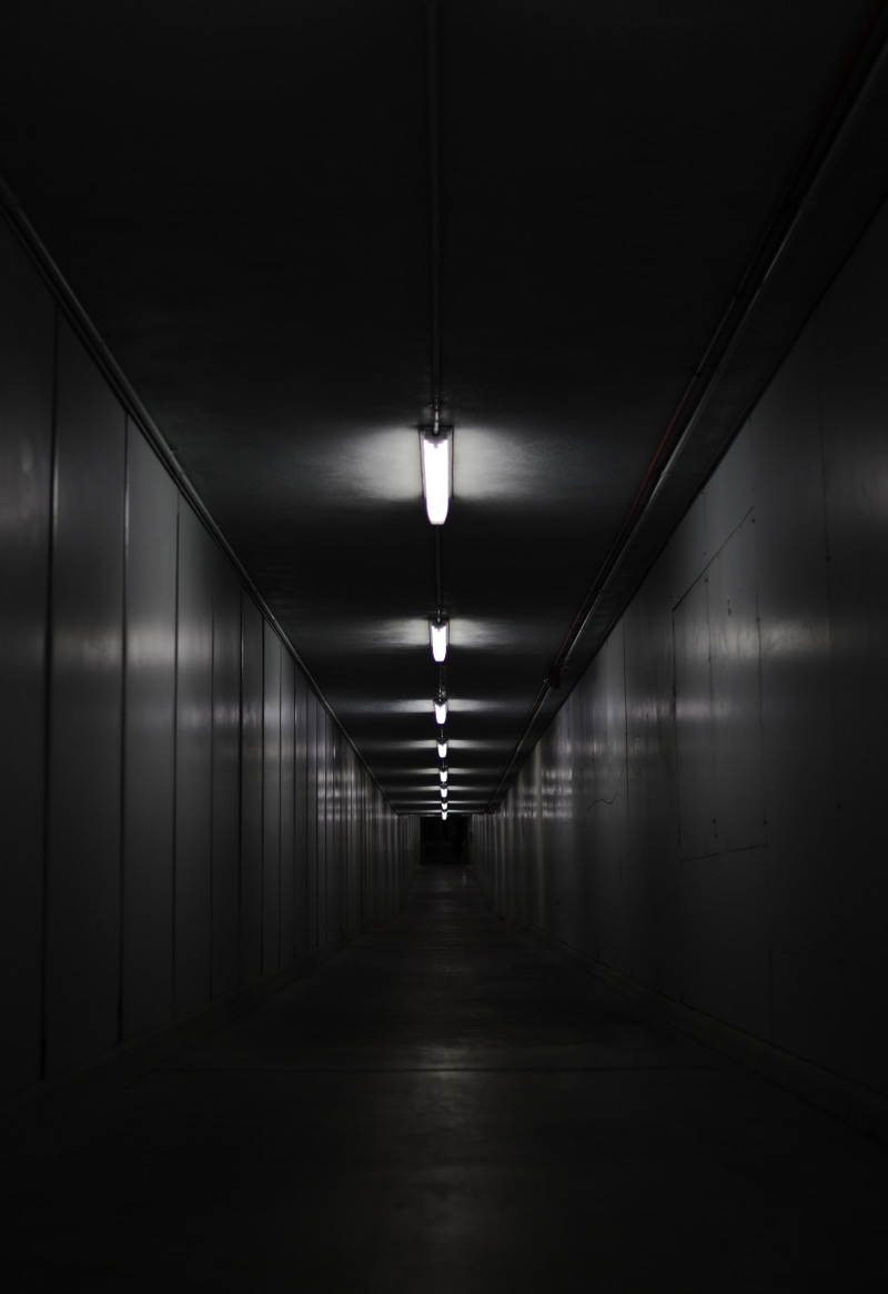 light at the end of the tunnel, gray, illuminated, light, lighting equipment, lighting, tunnel, indoors, architecture, absence, hallway, underpass, fluorescent light