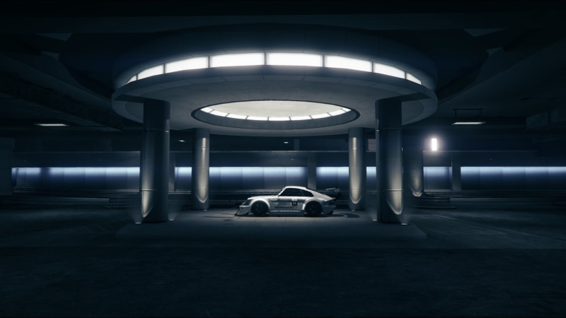 built structure, fluorescent light, 1080P, city, no people, parking garage, lighting equipment, Porsche, land vehicle, architectural column, indoors, car