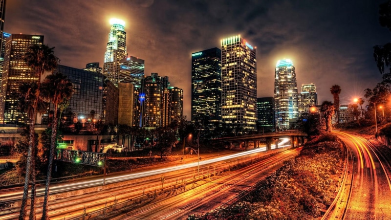 lights, 1080P, rise, skyscrapers, nature and landscapes, high, hdr, night, angeles, highway, los, timelapse, city, building, late