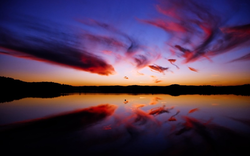 river, 3d and abstract, 2K, night, beautiful, late, reflection, sunset, view, orange sky, color