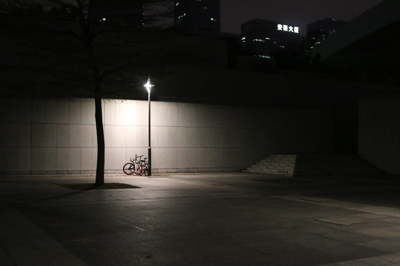 wall - building feature, bike, garage, empty, lighting equipment, lamp post, parking lot, park, dark, building, 2K, china, sign, wall, street, absence