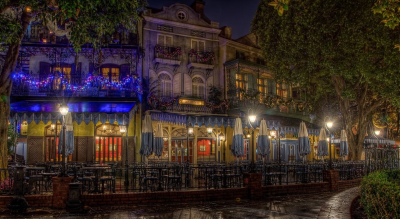 water, ornate, Resort, building, Cafe Orleans, Disneyland, canal, Night, Dark, Dine, residential district, gray, concrete, no people, Anaheim, reflection