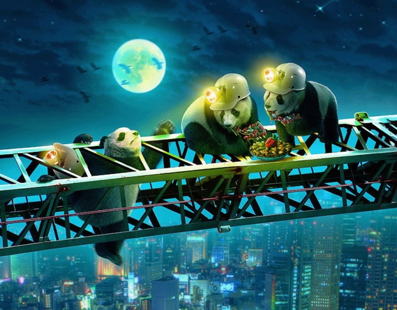 low angle view, blue, night, Late for dinner, dinner, connection, full moon, architecture, moon, city, sitting, illuminated, human representation, outdoors