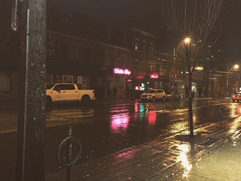 car, architecture, transportation, queen street west, cadillac lounge, 2K, wet pavement, illuminated, road, toronto, wet, land vehicle, rain, street, west queen west