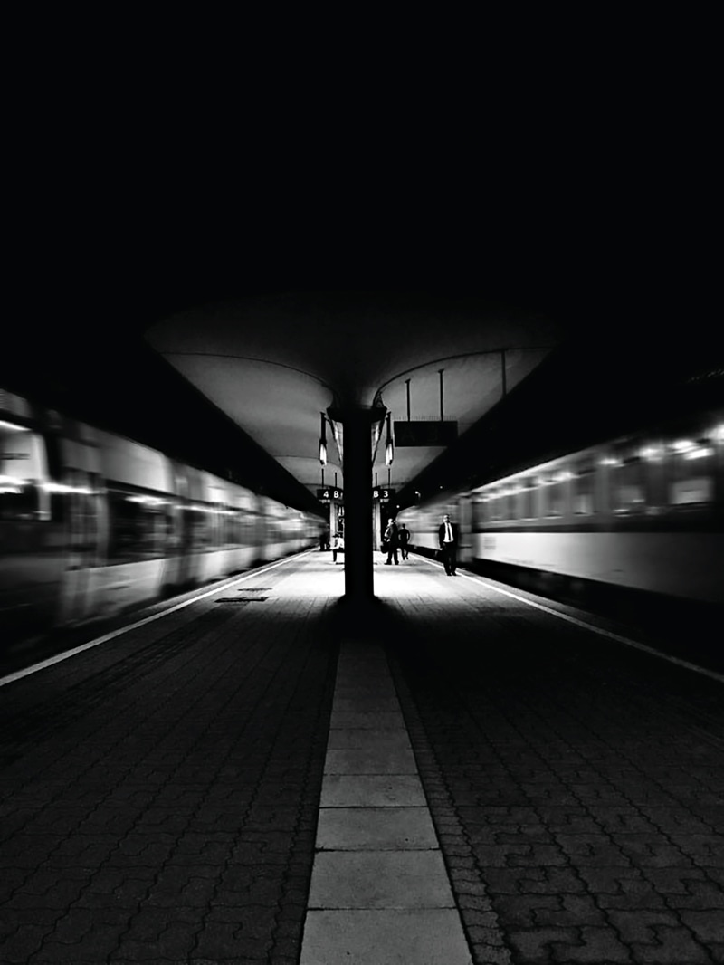 dark, blurred motion, outdoors, late, platform, big city, transportation, public transportation, travel, black, time exposure, illuminated, track, station