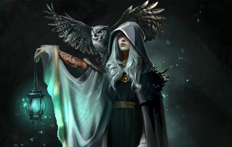 gray, tattoo, owl, hood, cloak, blue light, Dragon Age, Julia Kovalyova, Alistair, lantern, witch, 1080P, night, wings, the witch