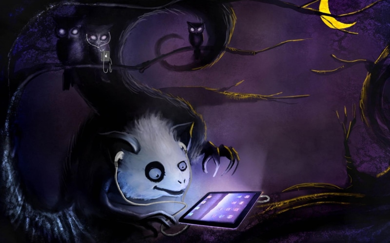 moon, 1080P, owls, tree, fantasy, night, creatures, funny, kind, magic, purple, minnie, tablette