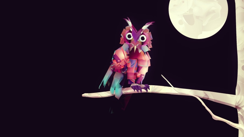 simple, trees, night, geometry, Moon, black background, 2K, branch, birds, low poly, simple background, owl, minimalism, animals