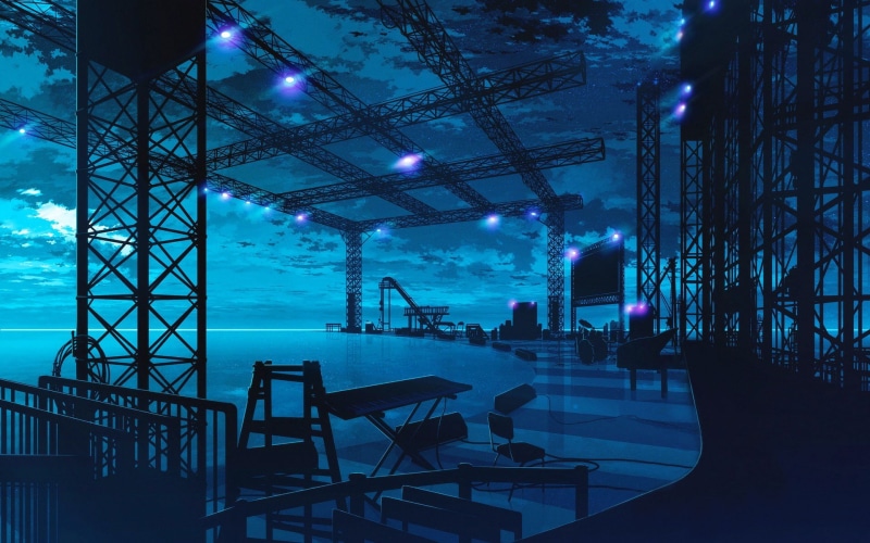 cloudy, stage, setup, seat, city, lighting equipment, tree, dusk, no people, illuminated, indoors, water, architecture, concert, sky, blue, 1080P, chair