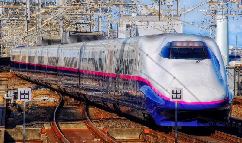 bullet, station, trail, motion, public Transportation, brown, people Traveling, urban Scene, travel Locations, no people, passenger, blue, white, Japan