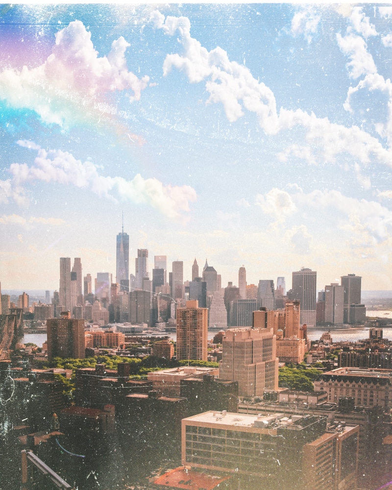 residential district, 35mm, sunset, rainbow, city life, no people, hudson river, financial district, film, tall - high, built structure, cloud - sky, city