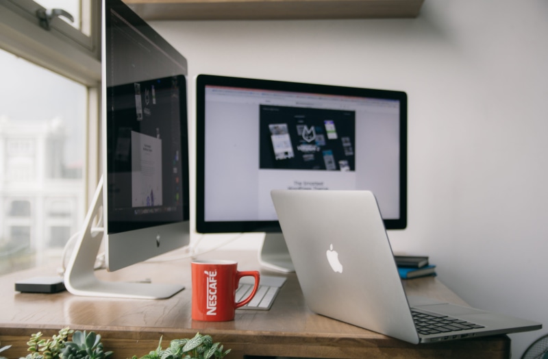 computer network, computer equipment, keyboard, computer, computer monitor, mug, macbook, convenience, coffee, computers, focus on foreground, wooden, connection