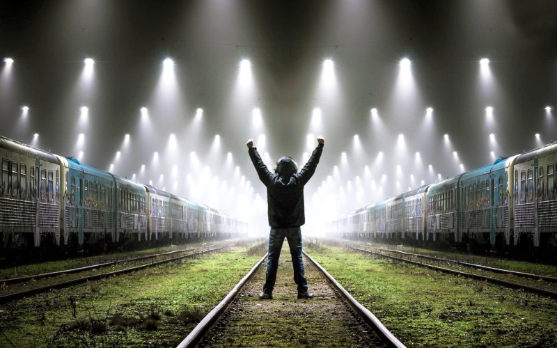 men, rail transportation, human body part, outdoors, human limb, full length, lights, adult, hand, track, arms raised, railroad track, limb, mode of transportation