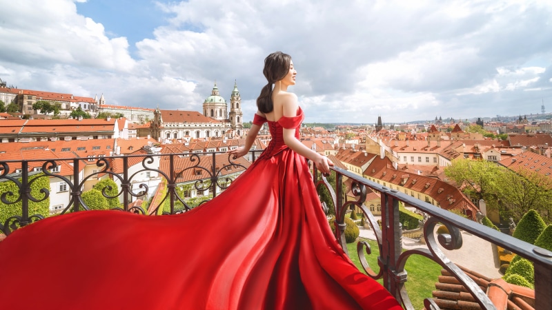 building, tail, the city, roof, view, architecture, height, home, 4K, is, hands, Cathedral, hem, balcony, pose, brunette, street, neckline, dal, girl