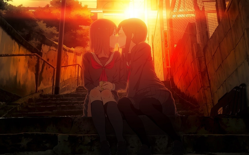 lesbians, art, stairways, sunset, yuri, anime, hd, nature, clo, uniforms, socks, school uniforms, kissing, thigh, cityscapes, skirts, sunsets, school, highs
