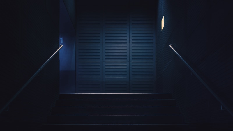 lights, stairway, stairs, dark, blue, numbers, 4K, handrail