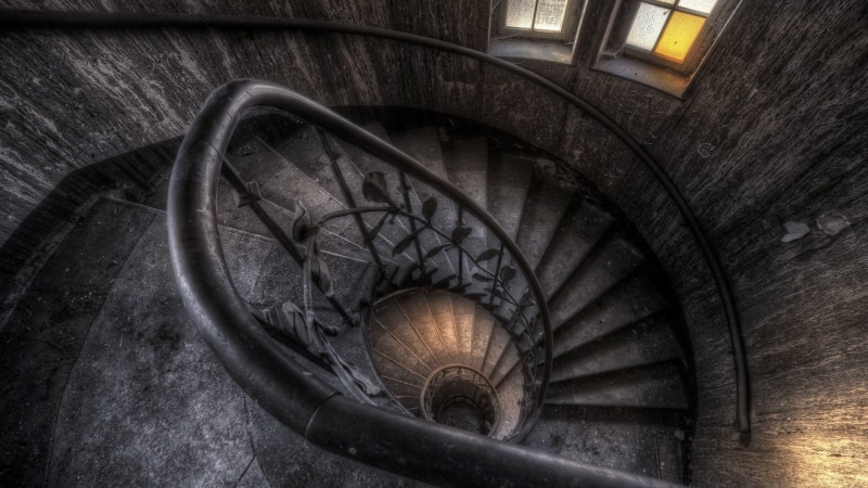 railing, geometric shape, 1080P, the past, high angle view, history, stairway, stairs, interior, no people, abandoned, pattern, black, helix, illuminated