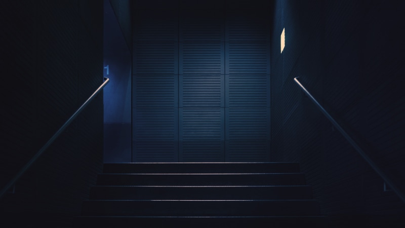 ceiling, staircase, illuminated, steps and staircases, metal, stairway blue dark lights handrail stairs numbers, built structure, closed, building, 4K